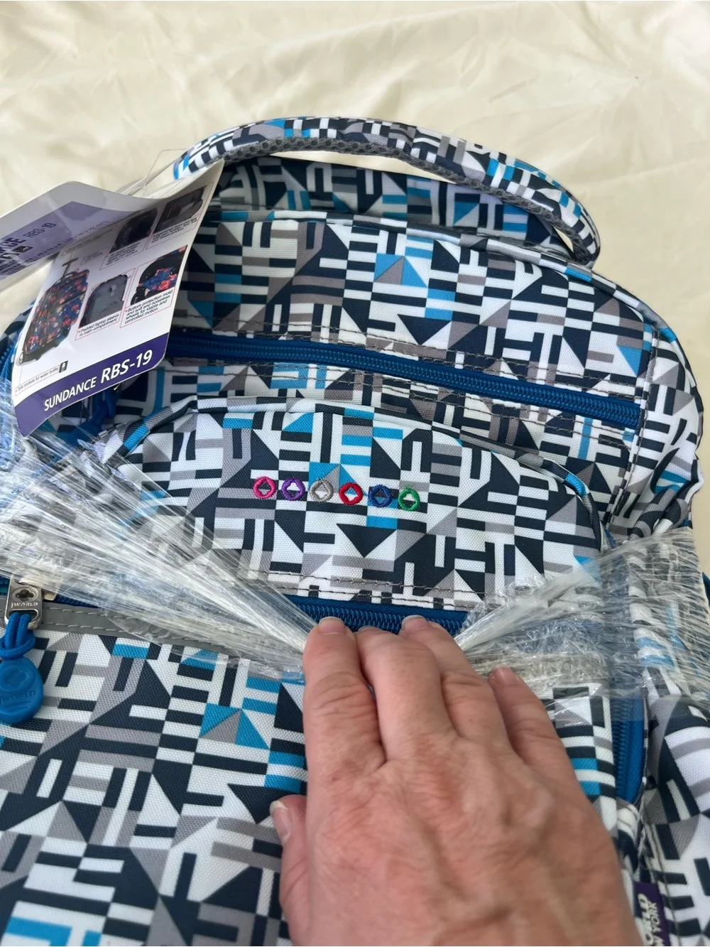 J World New York Sundance Rolling Backpack in Blue Geometric Print, NWT